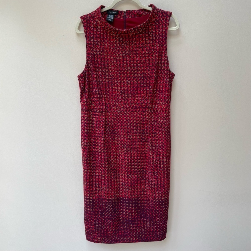 Lord & Taylor Red Houndstooth Sleeveless Mock Neck Mod Style Midi Dress Size 14 - Picture 2 of 10